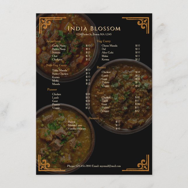 Elegant Modern Indian Restaurant Flat Menu (Front)