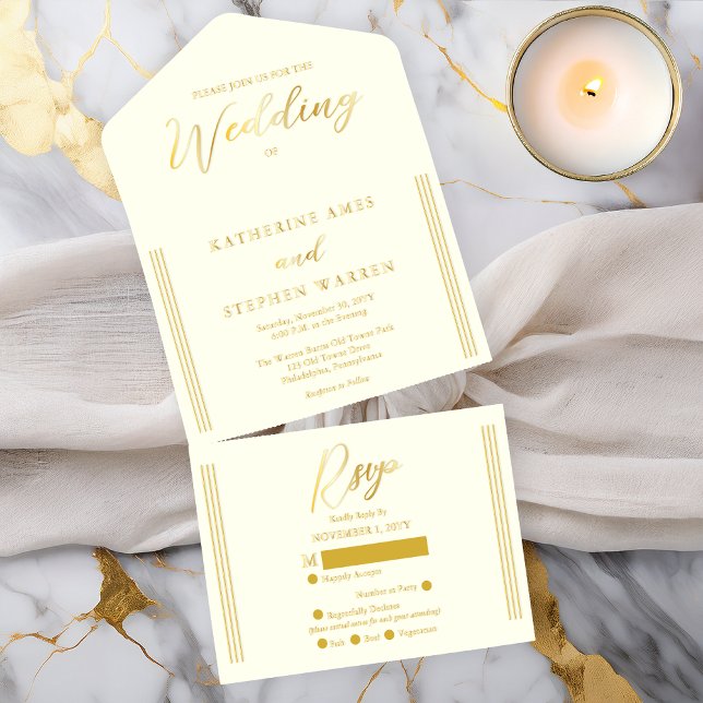 Elegant Modern Ivory Minimalist Wedding All In One Invitation (Elegant Modern Ivory Minimalist Wedding All in One Gold Foil (inside--See Description) Invitation)