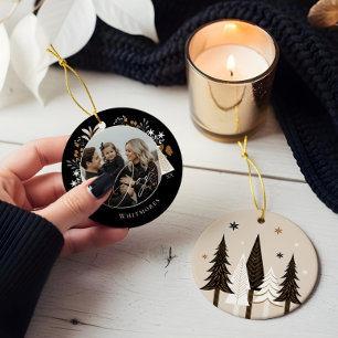Elegant Modern Joy Photo Evergreen Christmas Tree Ceramic Ornament