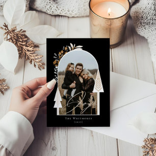 Elegant Modern Joy Photo Evergreen Christmas Tree Holiday Card