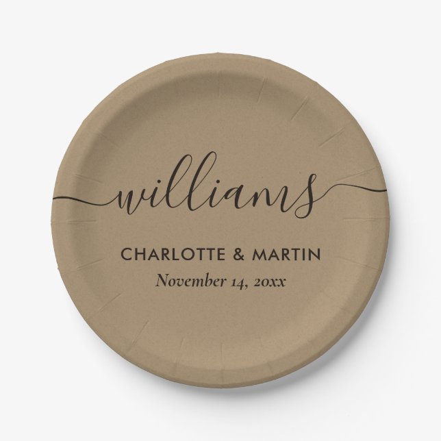 Elegant Modern Kraft Paper Script Wedding Paper Plate (Front)