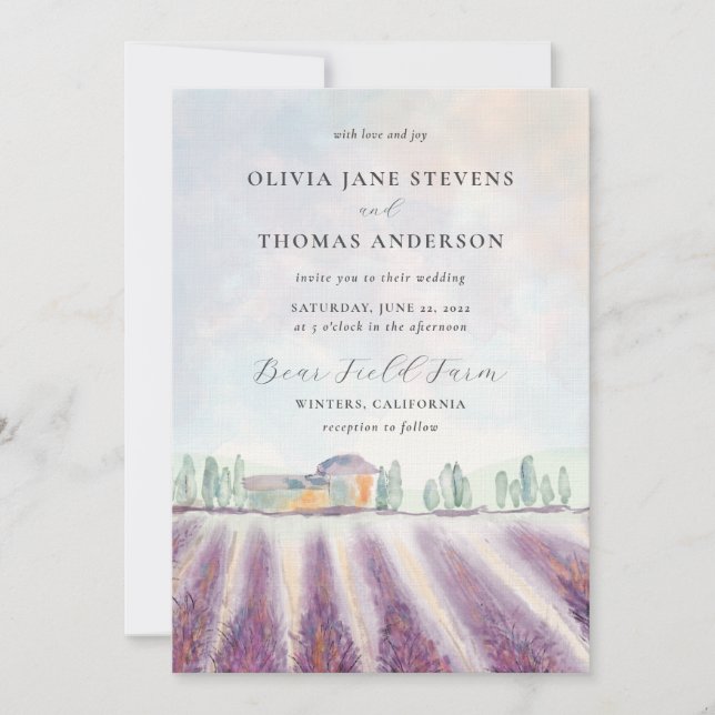 Elegant Modern Lavender Field All in One Wedding Invitation (Front)