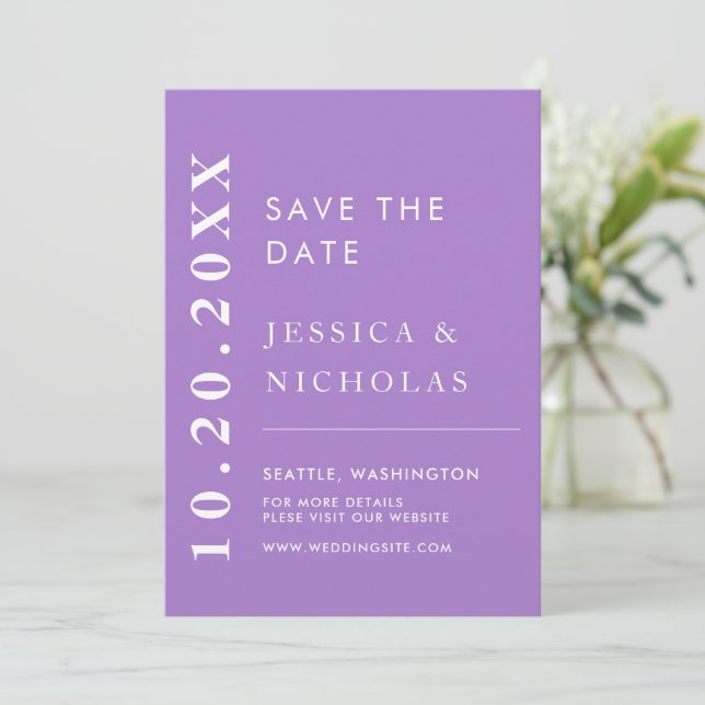 Elegant Modern Lavender Minimalist Wedding Save The Date (Standing Front)