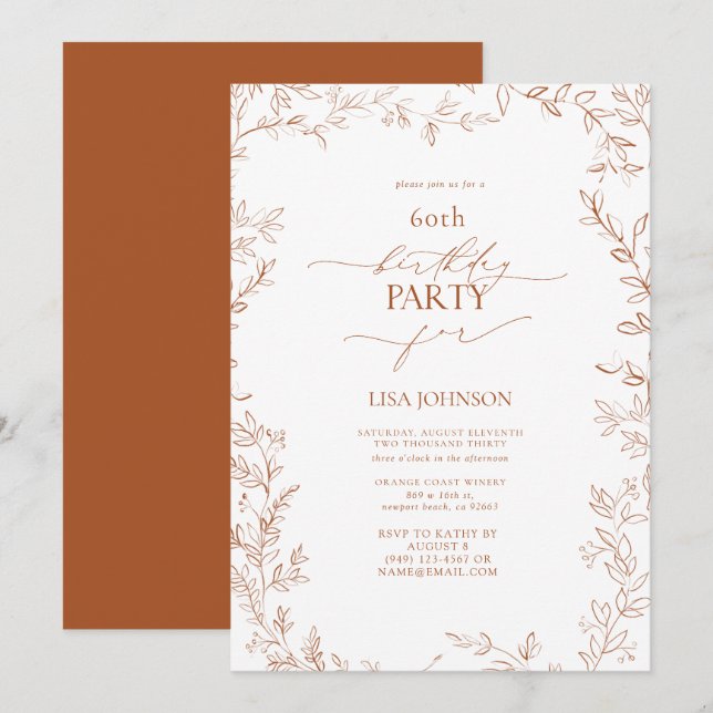 Elegant Modern Leaf Burnt Orange 60th Birthday Invitation (Front/Back)