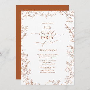 Elegant Modern Leaf Burnt Orange 60th Birthday Invitation