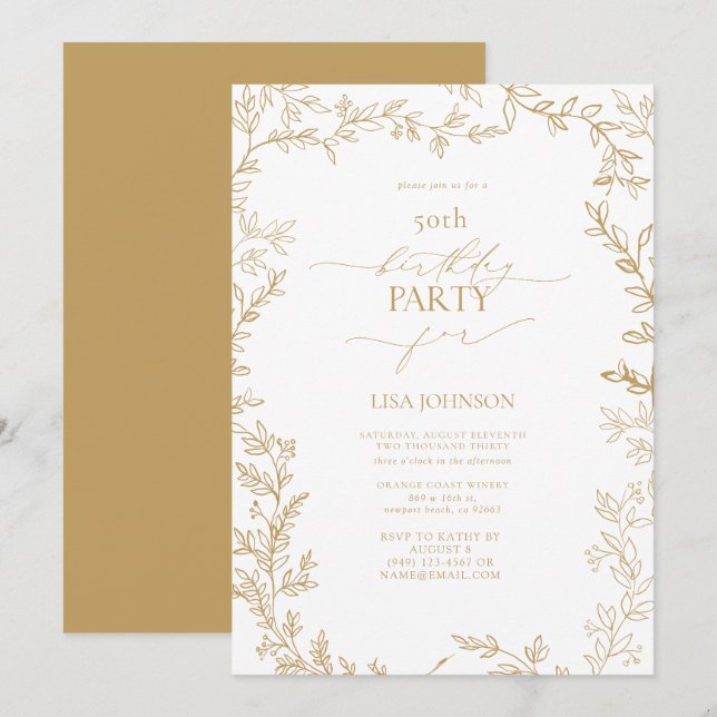 Elegant Modern Leaf Gold 50th Birthday Invitation (Front/Back)