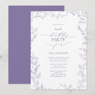 Elegant Modern Leaf Lavender 60th Birthday Invitation