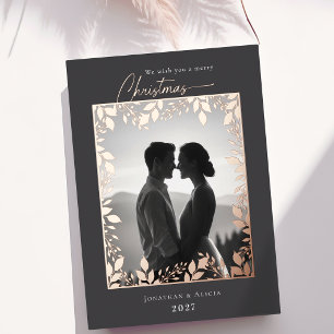 Elegant modern leaves frame photo merry Christmas Foil Holiday Card