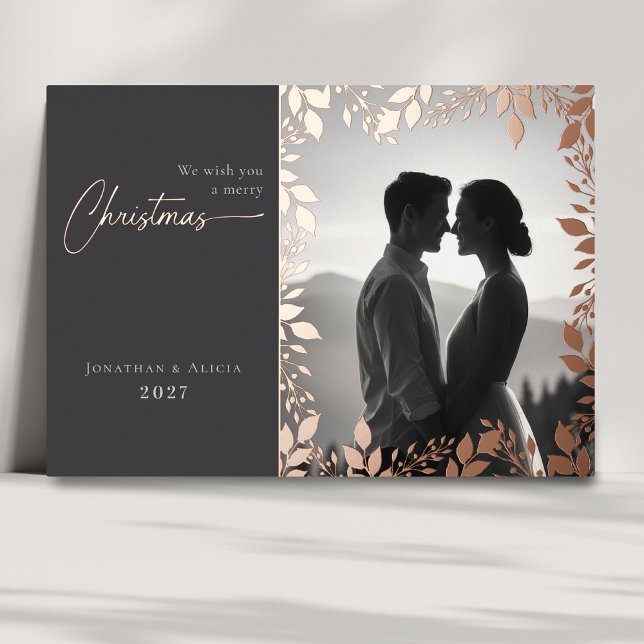 Elegant modern leaves frame photo merry Christmas Foil Holiday Card (Creator Uploaded)