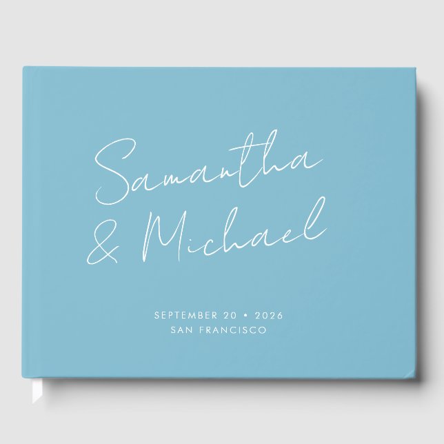 Elegant Modern Light Blue Script Custom Wedding Guest Book (Front)