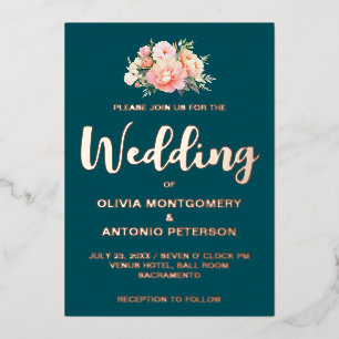 Elegant Modern Light Pink Peony Deep Teal Wedding