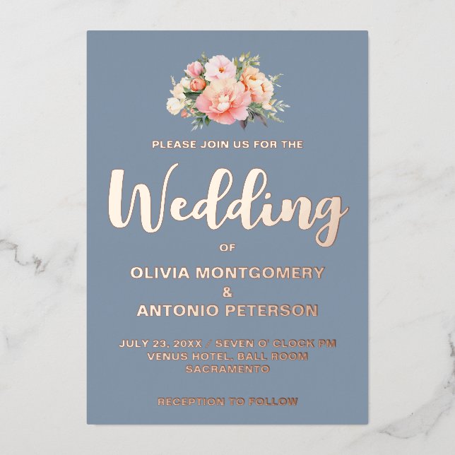 Elegant Modern Light Pink Peony Dusty Blue Wedding (Front)