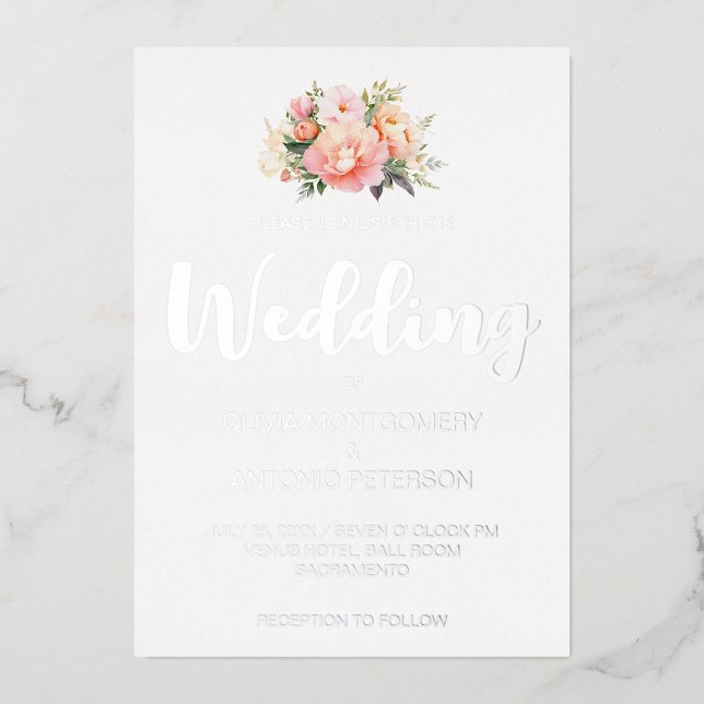 Elegant Modern Light Pink Peony Silver Wedding (Front)