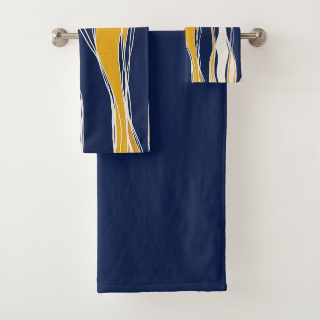Elegant, modern, lines, in navy blue and yellow bath towel set (Insitu)