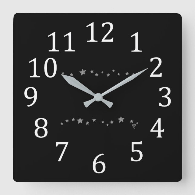 Elegant Modern Lively Silver Stars on Black Clocks (Front)