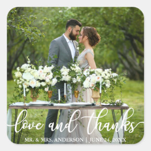 Elegant Modern Love and Thanks   Wedding Photo Square Sticker