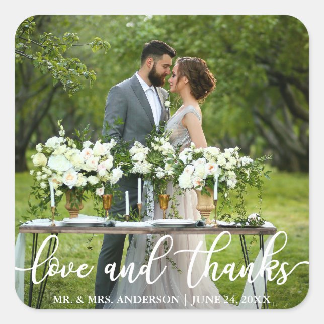 Elegant Modern Love and Thanks | Wedding Photo Square Sticker (Front)