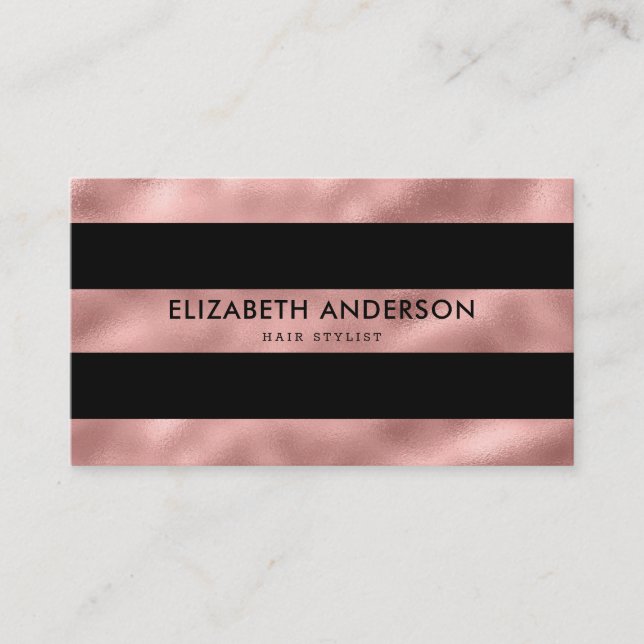 Elegant Modern Luxury Black and Rose Gold Striped Business Card (Front)