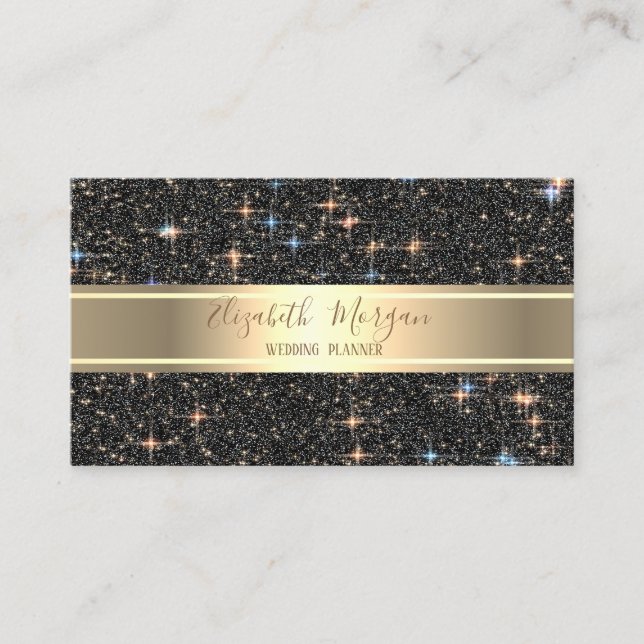 Elegant Modern Luxury Black Glitter ,Gold Stripe Business Card (Front)