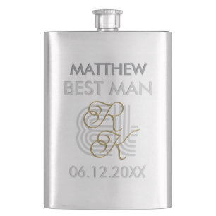    Elegant Modern Luxury Grey & Gold Name Monogram Hip Flask