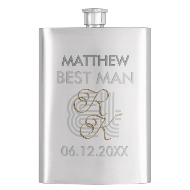    Elegant Modern Luxury Grey & Gold Name Monogram Hip Flask (Front)