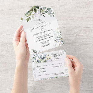 Elegant Modern Magenta Boho Greenery Wedding Photo All In One Invitation