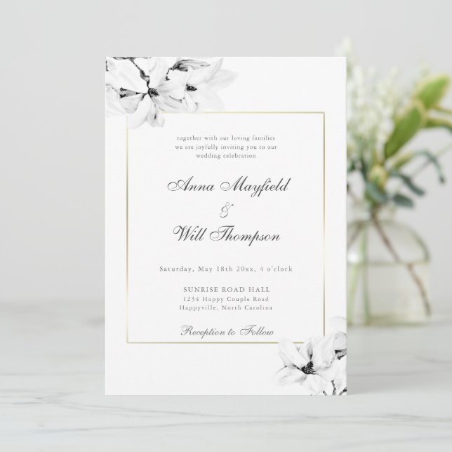 Elegant Modern Magnolia Classic Gold Frame Wedding Invitation (Standing Front)