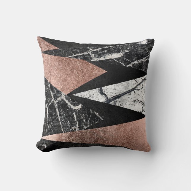 Elegant Modern Marble, Rose Gold, & Black Triangle Throw Pillow (Front)