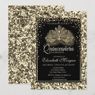 Elegant Modern Masque Gold Sequins Quinceanera Invitation
