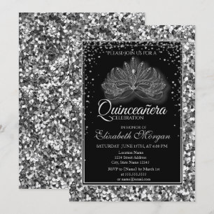 Elegant Modern Masque Silver Sequins Quinceanera Invitation