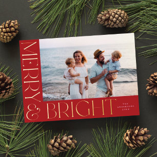 Elegant Modern Merry & Bright 1 Photo Red Gold  Foil Holiday Card