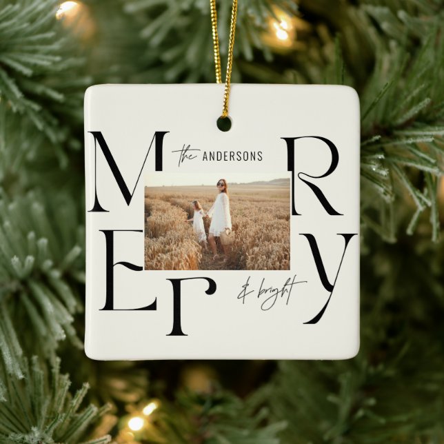 Elegant modern merry Christmas photo typography Ceramic Ornament (Tree)