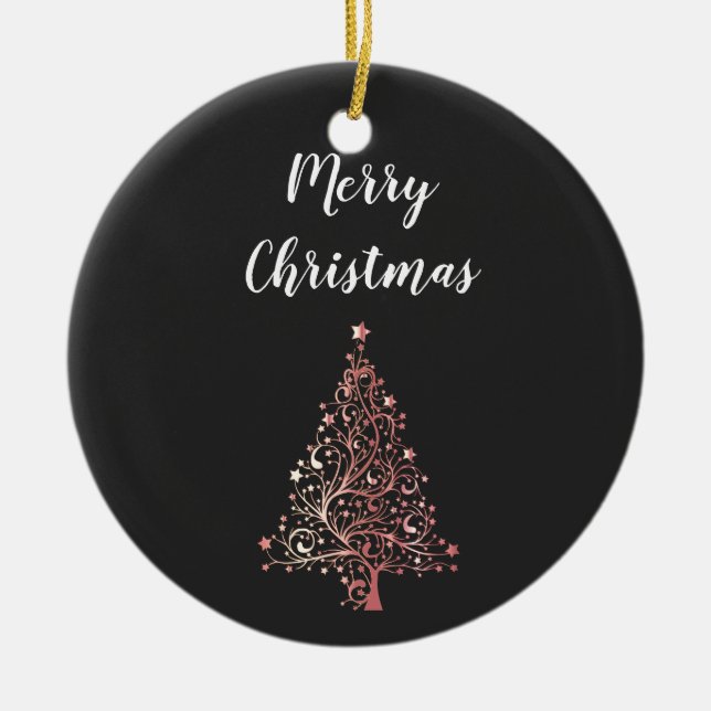 elegant modern Merry Christmas rose gold tree Ceramic Ornament (Front)