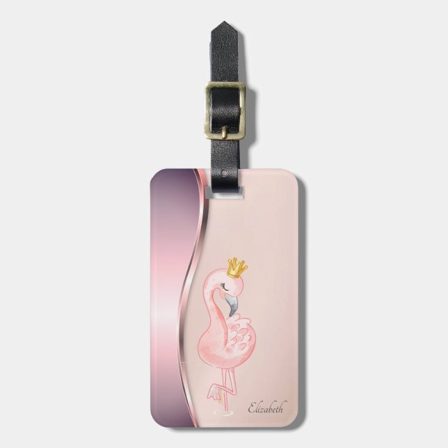 Elegant Modern Metallic Pink Flamingo Crown Luggage Tag (Front Vertical)