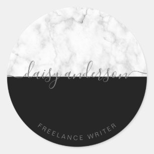 Elegant modern minimal black & white marble writer classic round sticker