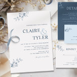 Elegant Modern Minimal Blue Wedding Invitation<br><div class="desc">Modern elegant wedding invitation with contemporary typography and subtle fine hand-drawn floral detail in blue. Easy to fill in the template. Ability to "edit using design tool" and make changes to font size, style, and position. For cases where the couple's name on the top is much longer than the name...</div>