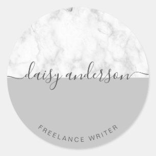 Elegant modern minimal grey & white marble writer classic round sticker