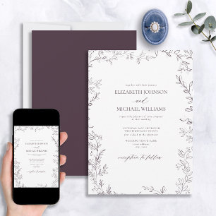 Elegant Modern Minimal Leaf Plum Purple Wedding Invitation