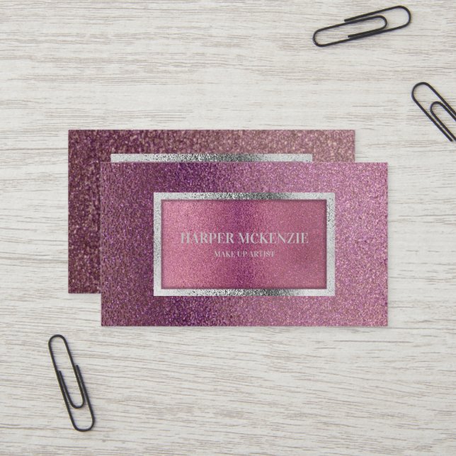 Elegant Modern Minimal Metallic Pink Purple Silver Business Card (Front/Back In Situ)