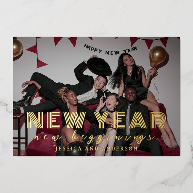Elegant Modern Minimal New Year Cheers Photo Foil Holiday Card (Front)