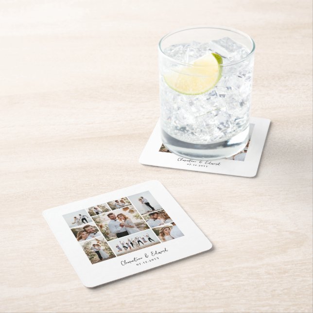 Elegant modern minimal photo collage wedding square paper coaster (Insitu)