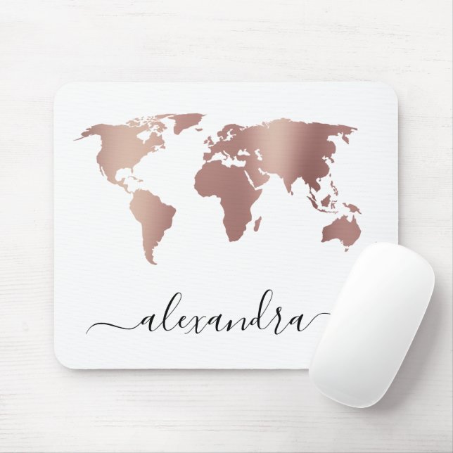 Elegant modern minimal rose gold white world map mouse pad (With Mouse)