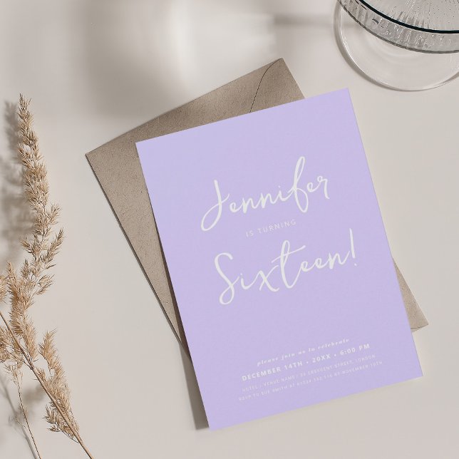 Elegant Modern Minimal Script Sweet 16 Lavender  Invitation (Elegant Modern Minimal Script Sweet 16 Lavender Invitation)