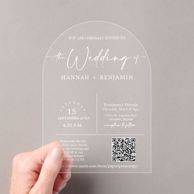 Elegant Modern Minimal Script Wedding Arch QR Code Acrylic Invitations (Insitu (Handheld))