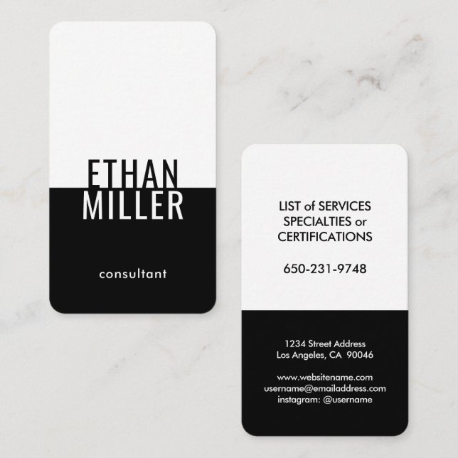 Elegant Modern Minimalist Black and White Vertical Business Card (Front/Back)