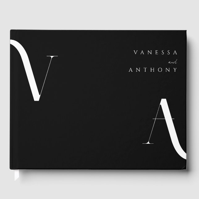 Elegant Modern Minimalist Black and White Wedding Guest Book (Front)