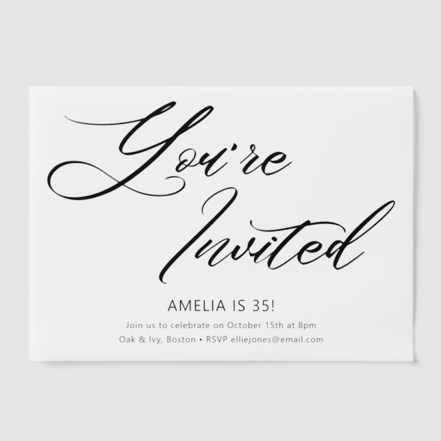 Elegant Modern Minimalist Black White Birthday  Vellum Invitations (Front)