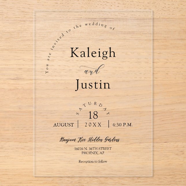 Elegant Modern Minimalist Boho Arch Wedding Custom Acrylic Invitations (Front)