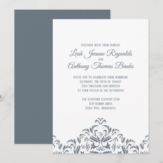 Elegant Modern Minimalist Dusty Blue Damask Invitation (Front/Back)