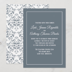 Elegant Modern Minimalist Dusty Blue Damask Invitation